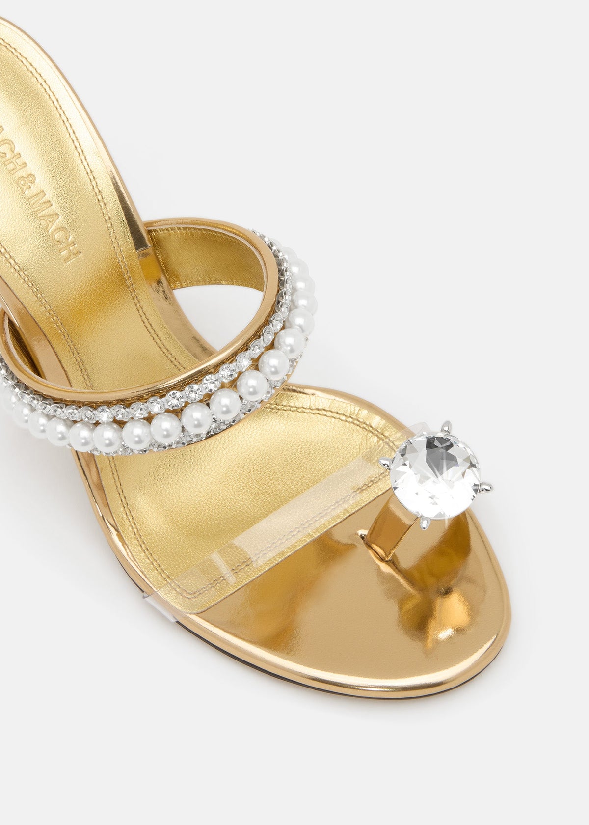 Clarisse Gold Crystal Mules – rear view showing crystal, silver, gold, Vowalisse