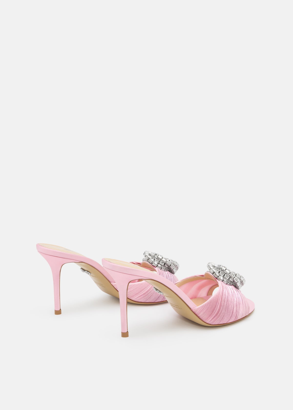 Aurelia Pink Double Bow Mules – heel view showing double bow, satin, pink, Vowalisse