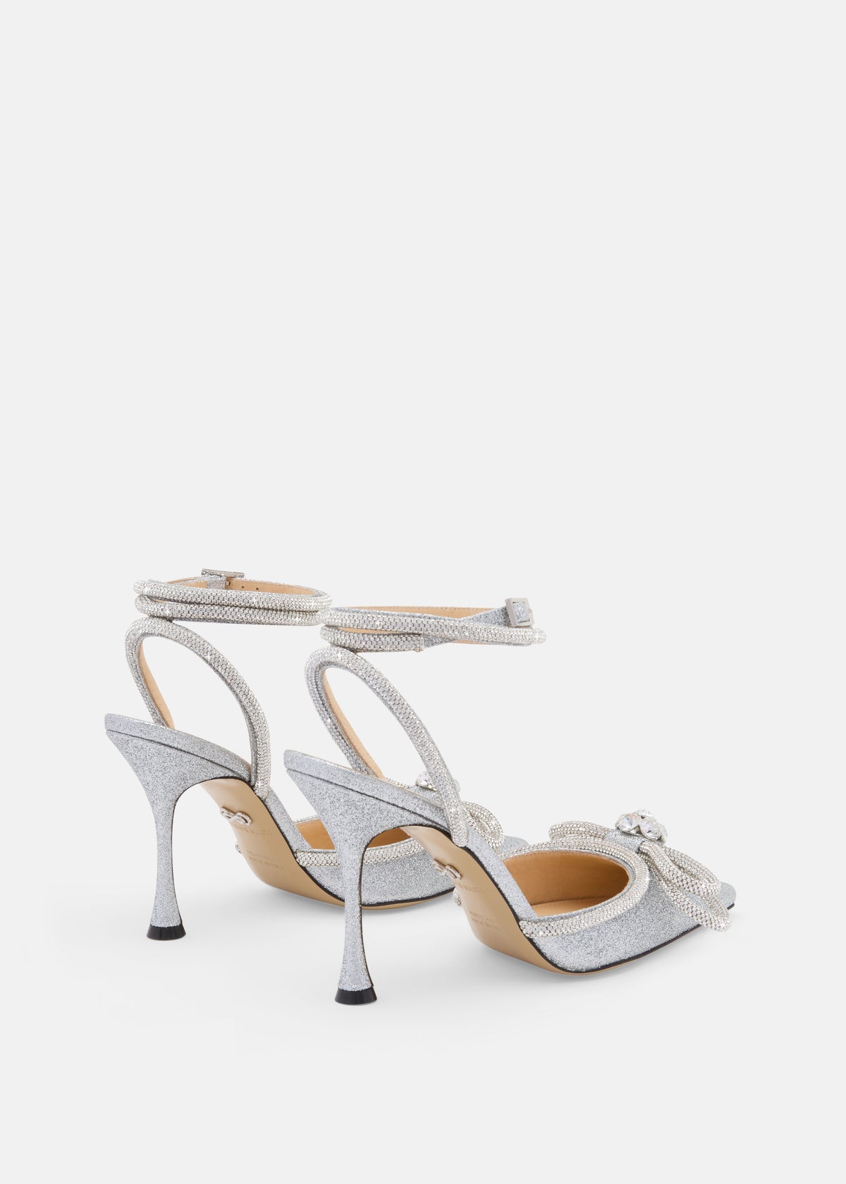 Odette Silver Double Bow Pumps – heel view showing double bow, crystal, glitter, silver, Vowalisse