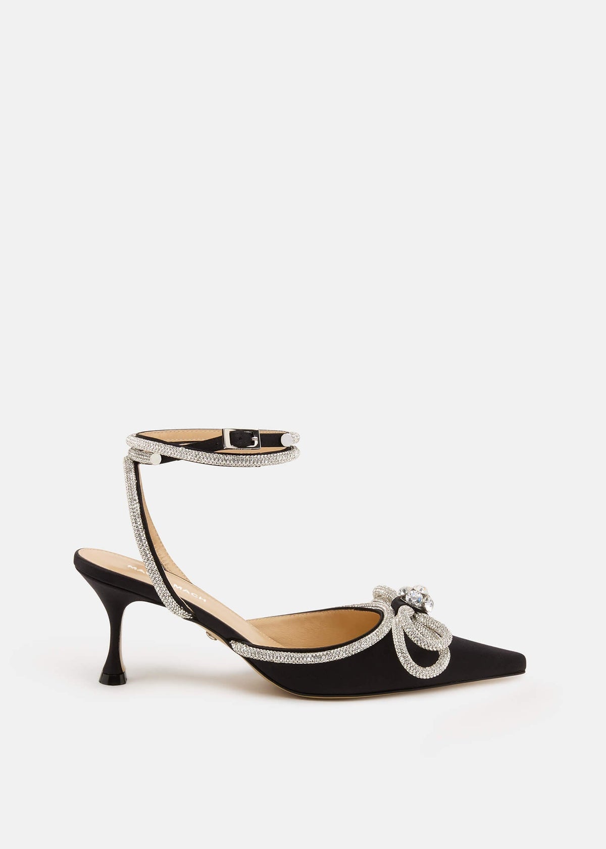 Esme Black Double Bow Pumps – front three-quarter view showing double bow, crystal, satin, black, Vowalisse
