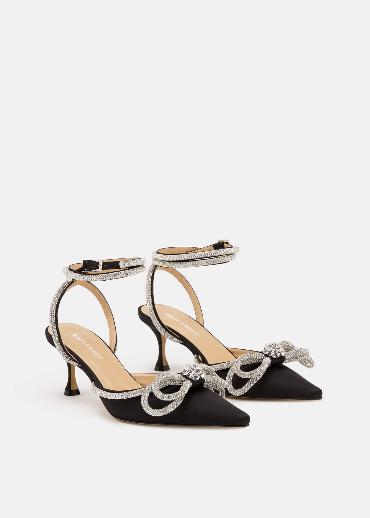 Esme Black Double Bow Pumps – side profile showing double bow, crystal, satin, black, Vowalisse