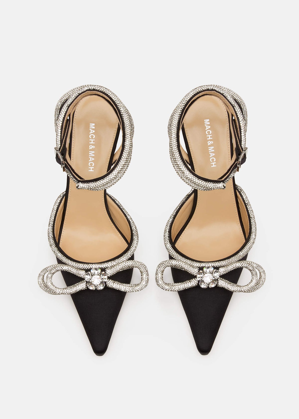 Esme Black Double Bow Pumps – crystal detail view showing double bow, crystal, satin, black, Vowalisse