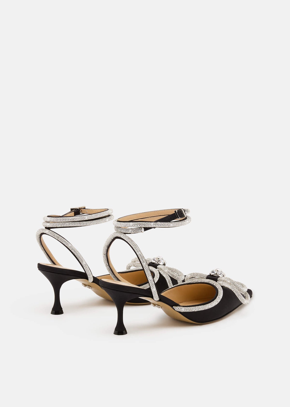 Esme Black Double Bow Pumps – heel view showing double bow, crystal, satin, black, Vowalisse