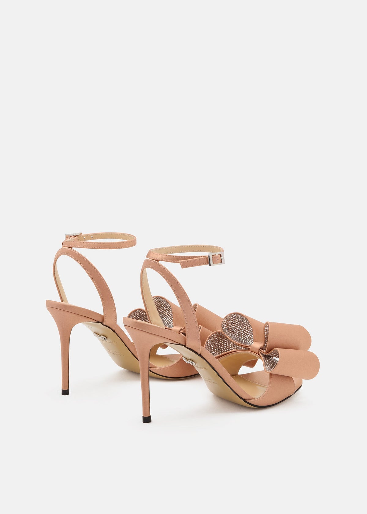 Solene Gold Brown Crystal Sandals – heel view showing crystal, satin, gold, brown, Vowalisse