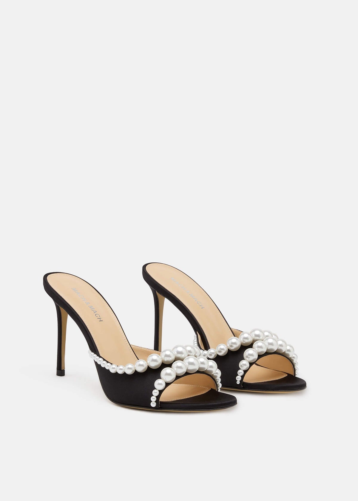 Verena Black Pearl Mules – side profile showing pearl, satin, black, red, Vowalisse