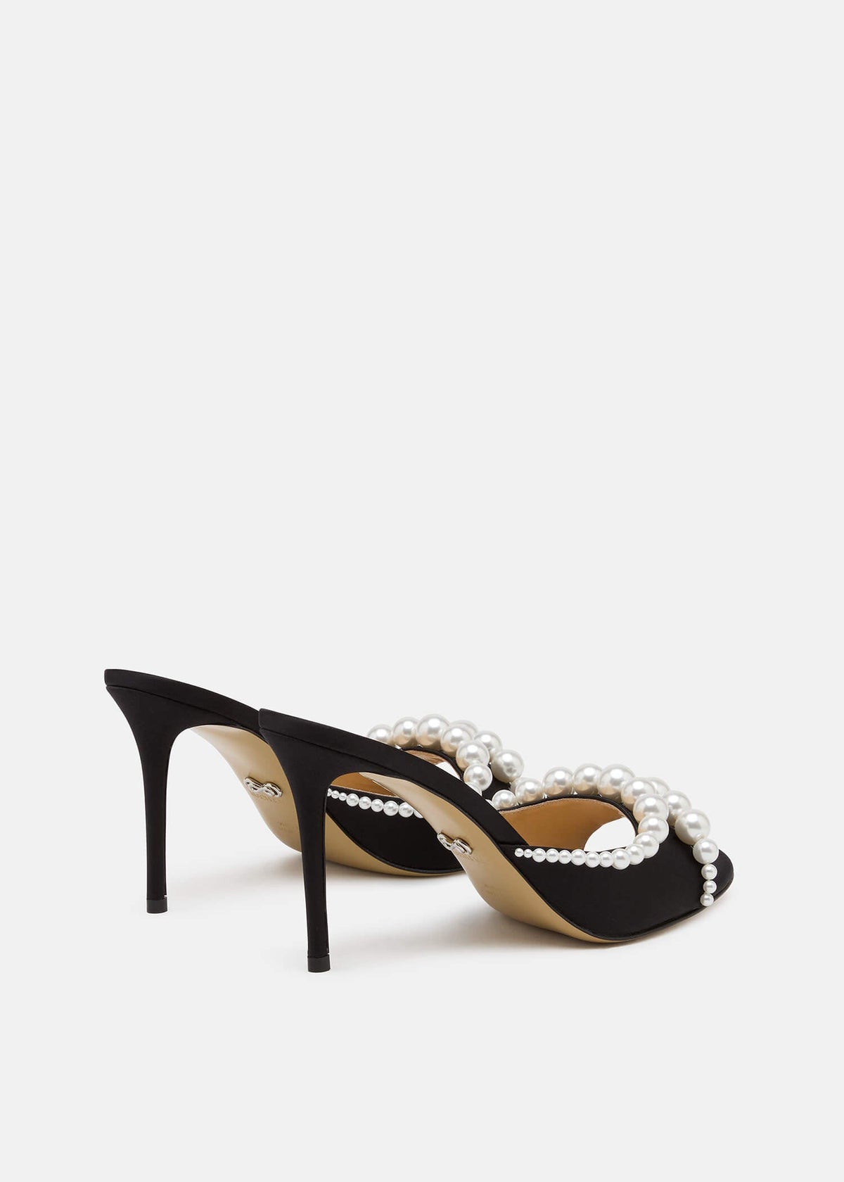 Verena Black Pearl Mules – heel view showing pearl, satin, black, red, Vowalisse