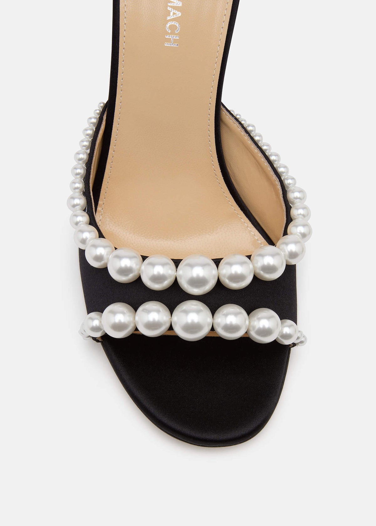Verena Black Pearl Mules – rear view showing pearl, satin, black, red, Vowalisse