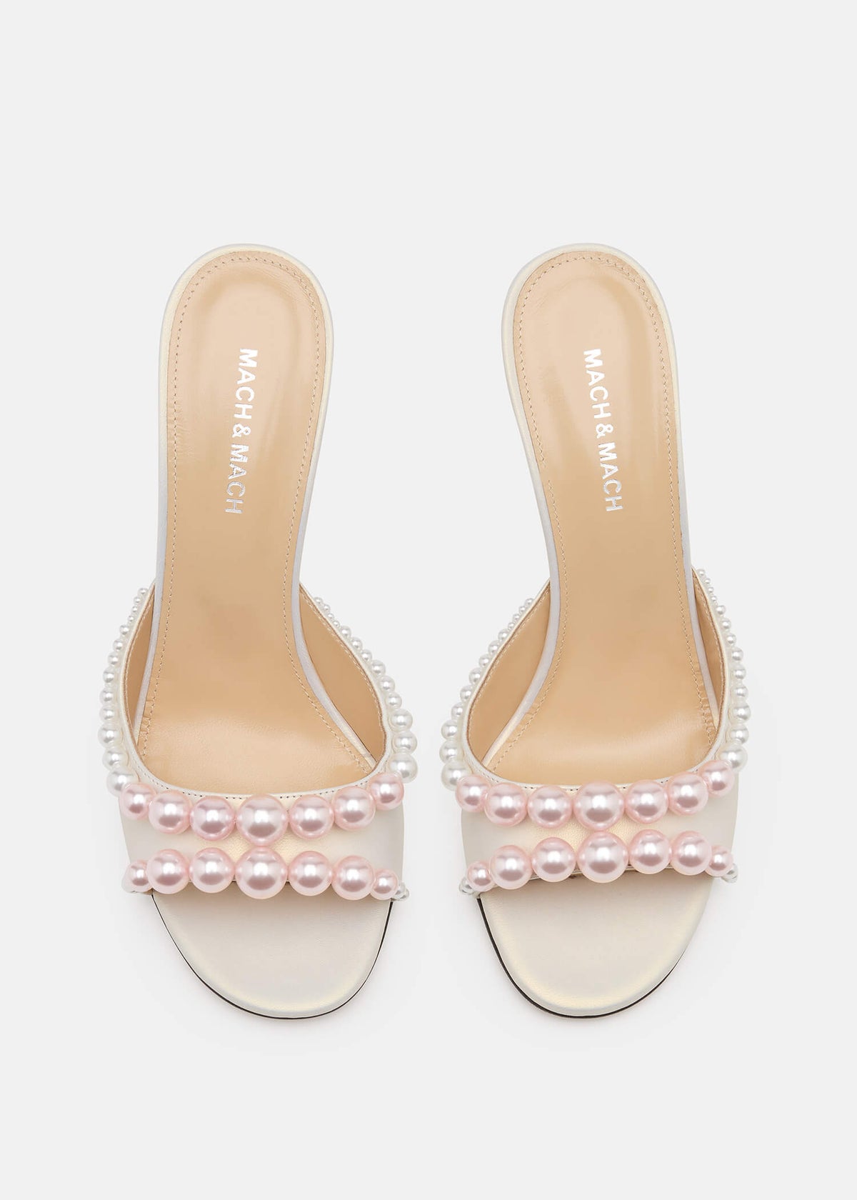 Theodora White Pearl Mules – crystal detail view showing pearl, white, Vowalisse
