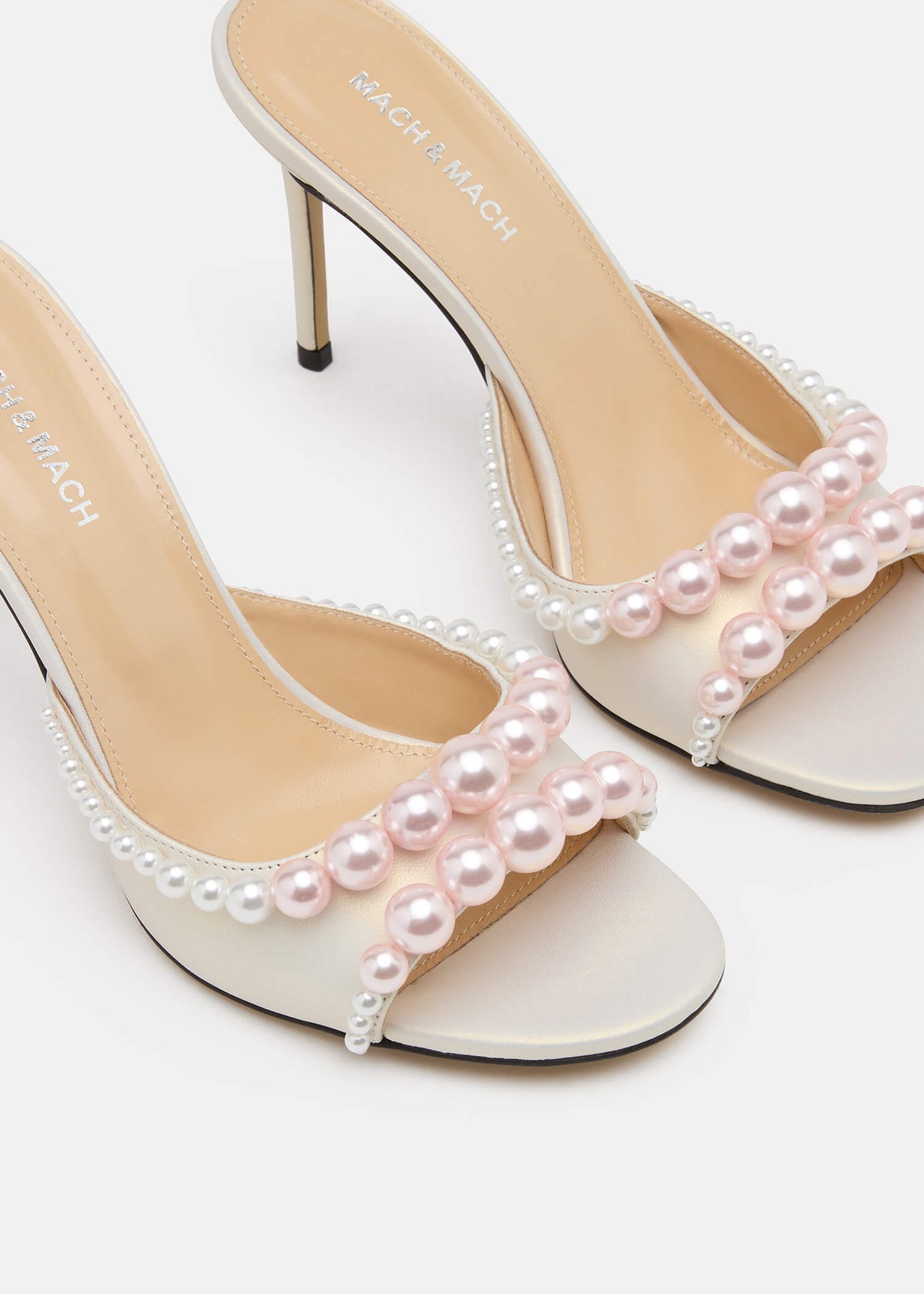 Theodora White Pearl Mules – rear view showing pearl, white, Vowalisse
