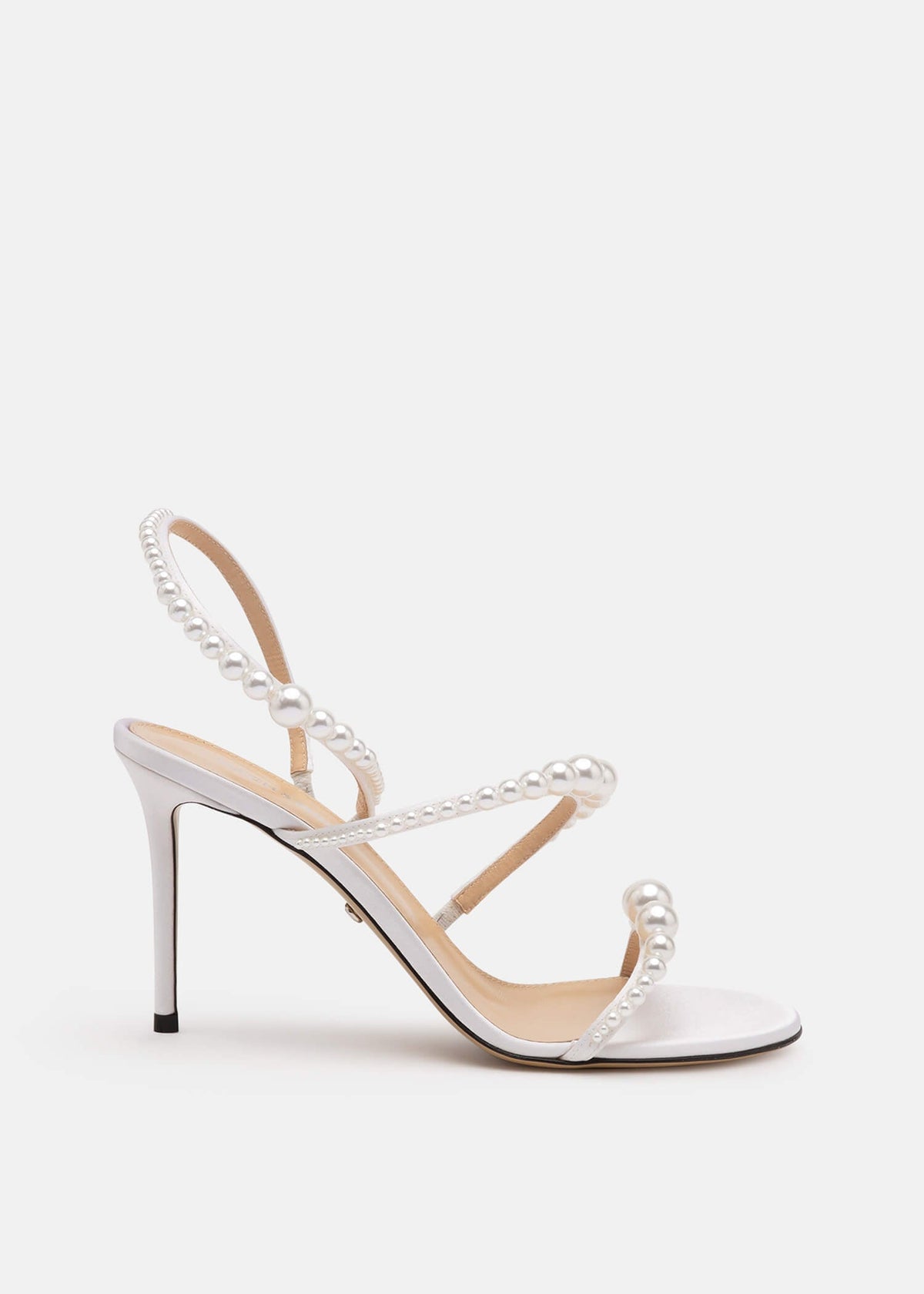 Sabrina White Pearl Sandals – front three-quarter view showing pearl, satin, white, red, Vowalisse