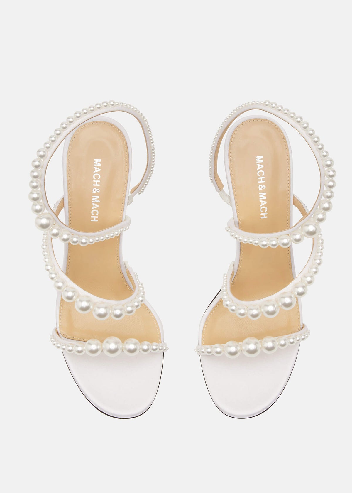 Sabrina White Pearl Sandals – crystal detail view showing pearl, satin, white, red, Vowalisse
