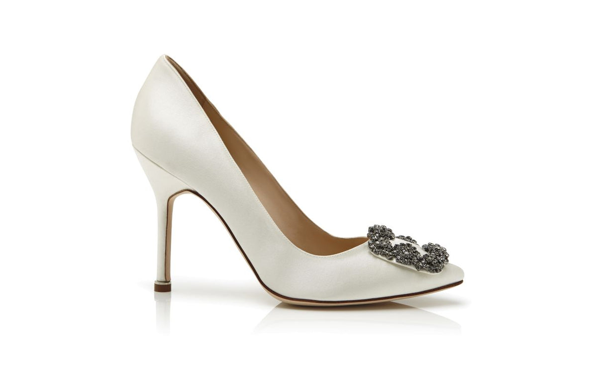 Amelie Belle White Jewel Buckle Pumps – side profile showing white jewel buckle, crystal buckle, almond toe, satin…