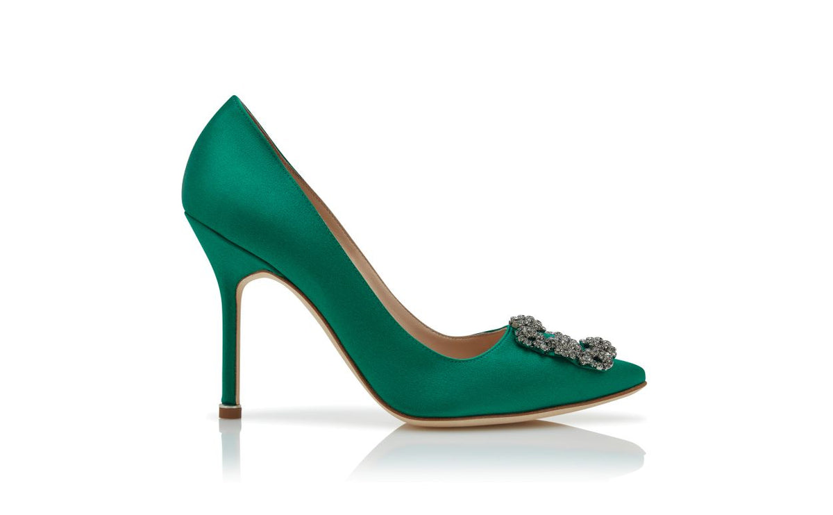 Elara Belle Green Jewel Buckle Pumps – side profile showing green jewel buckle, crystal buckle, almond toe, satin…