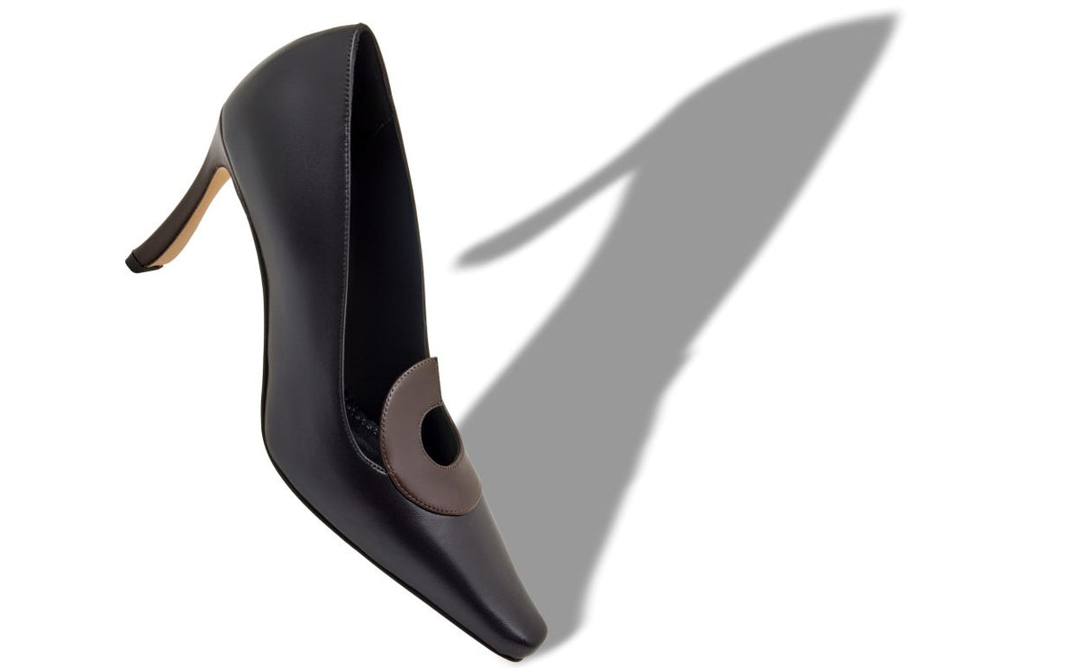 Marcella Star Black Almond Toe Pumps – front three-quarter view showing black almond toe, nappa leather, Vowalisse