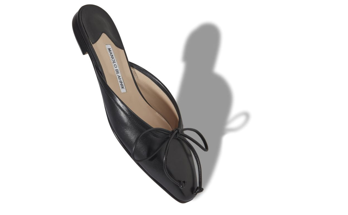 Emmeline Halo Black Nappa Leather Mules – front three-quarter view showing black nappa leather, lace, Vowalisse