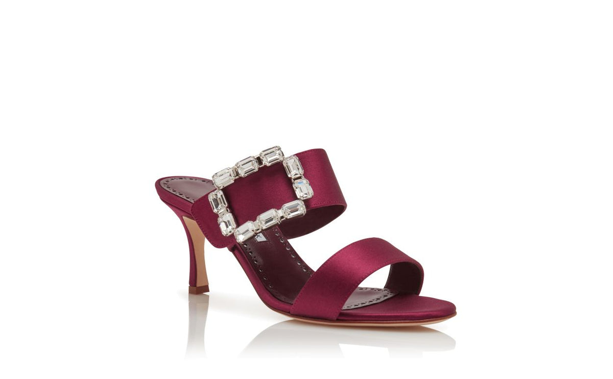 Emmeline Lace Red Crystal Buckle Mules – top view showing red crystal buckle, open toe, satin, Vowalisse