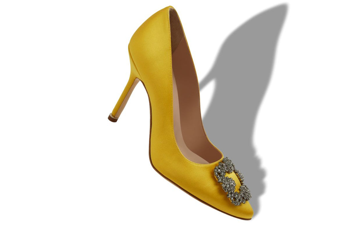 Vivienne Belle Yellow Jewel Buckle Pumps – front three-quarter view showing yellow jewel buckle, crystal buckle, almond toe…