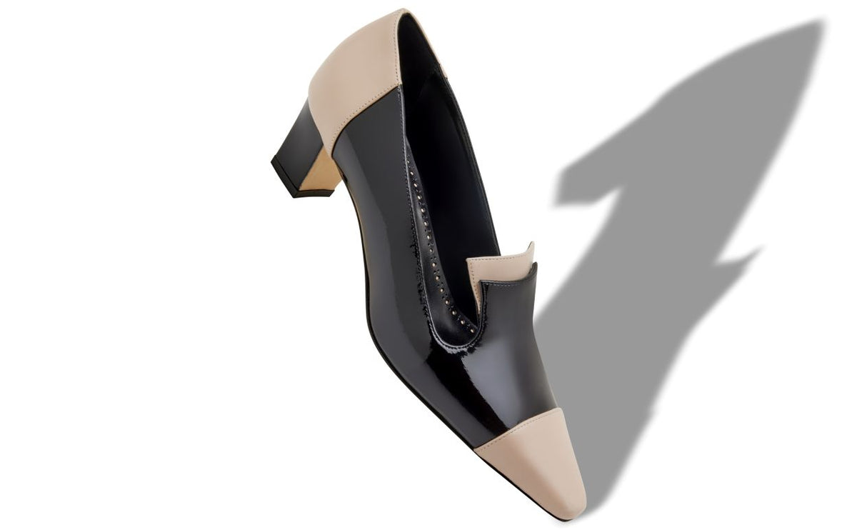 Ophelia Star Black Almond Toe Pumps – front three-quarter view showing black almond toe, patent leather, nappa leather…