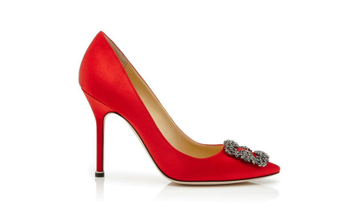 Leonora Belle Red Jewel Buckle Pumps – side profile showing red jewel buckle, crystal buckle, almond toe, satin, Vowalisse