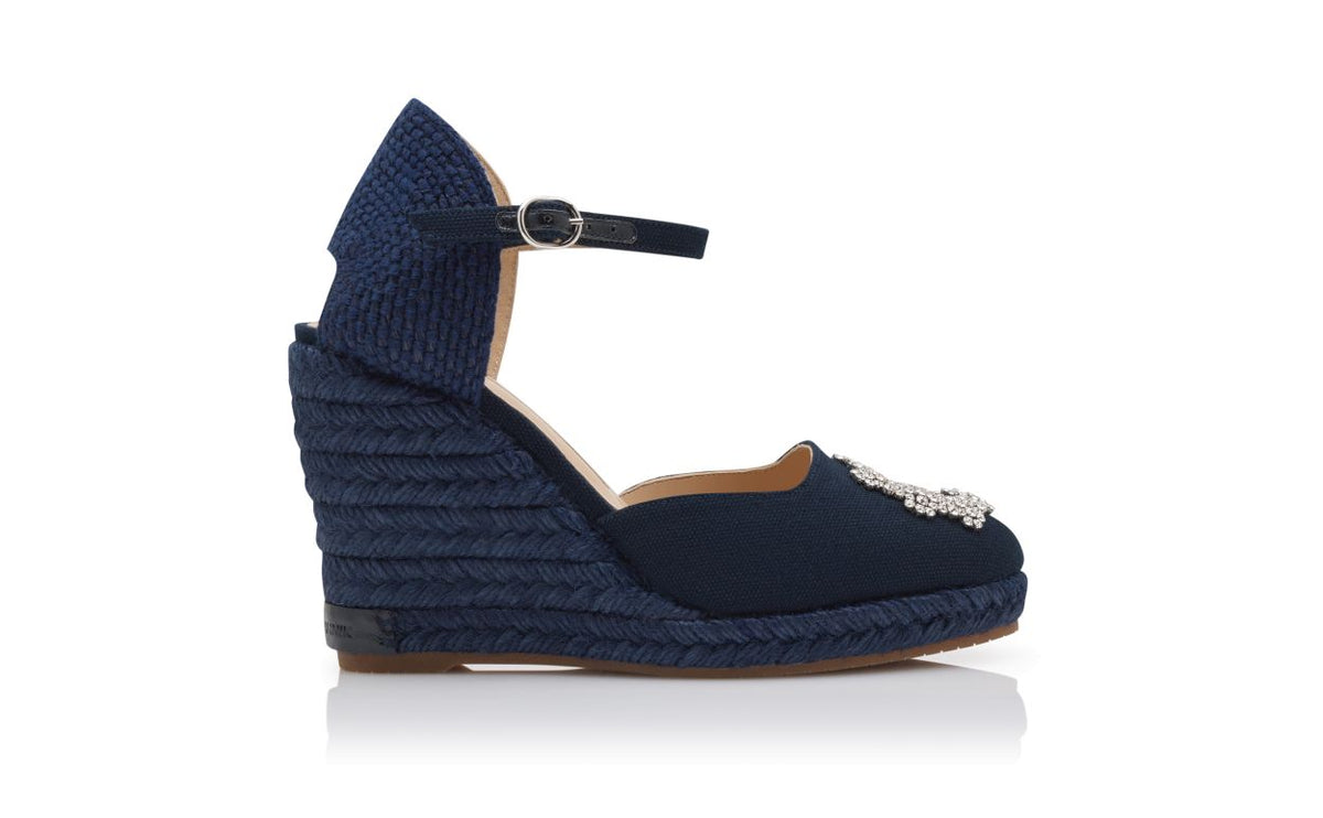 Emmeline Jewel Blue Crystal Buckle Espadrilles – side profile showing blue crystal buckle, crystal embellished, ankle strap…