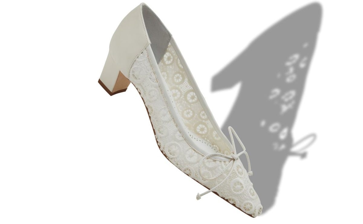 Elara Muse White Bow Detail Pumps – front three-quarter view showing white bow detail, almond toe, lace, Vowalisse