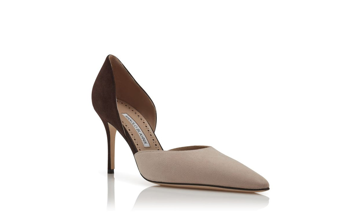 Anastasia Lace Brown Pointed Toe Pumps – top view showing brown pointed toe, suede, Vowalisse
