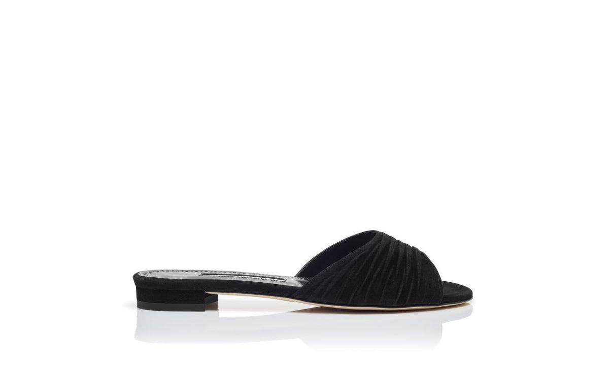 Violetta Muse Black Open Toe Mules – side profile showing black open toe, suede, Vowalisse