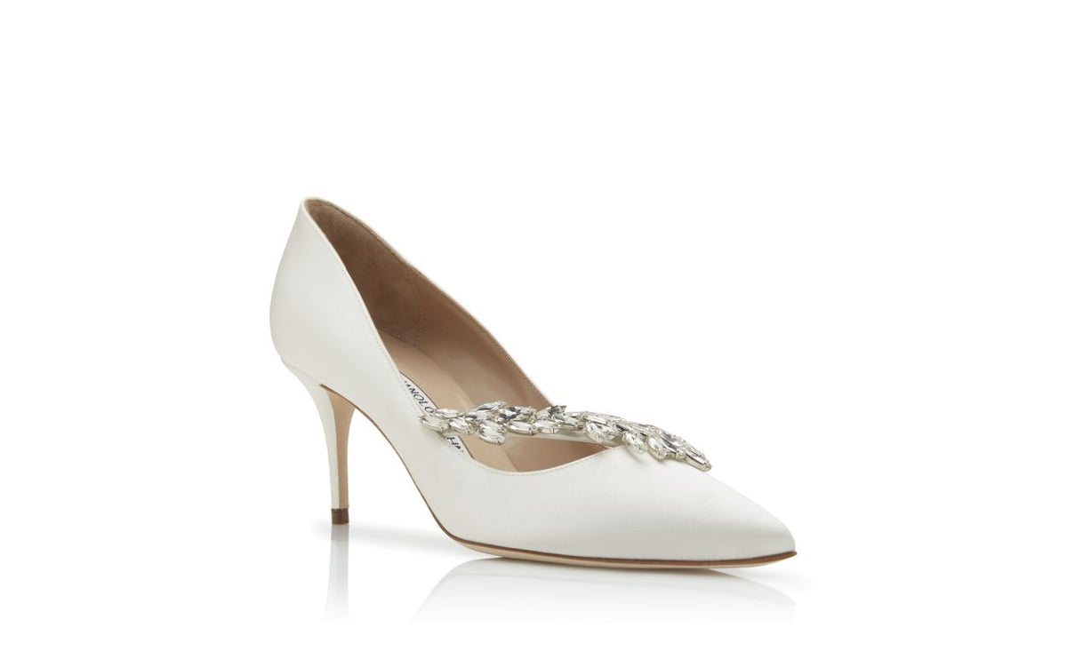 Bianca Belle White Jewel Buckle Pumps – top view showing white jewel buckle, pointed toe, satin, Vowalisse