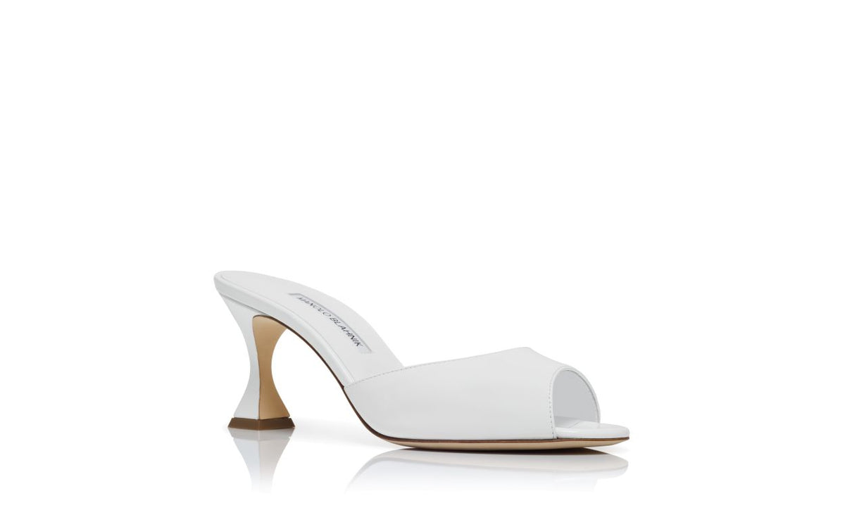 Vivienne Lace White Open Toe Mules – top view showing white open toe, patent leather, Vowalisse
