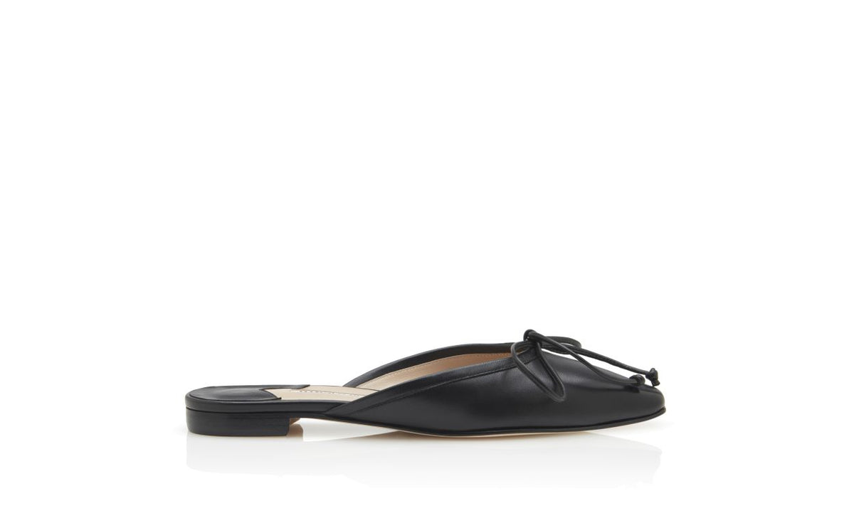 Emmeline Halo Black Nappa Leather Mules – side profile showing black nappa leather, lace, Vowalisse