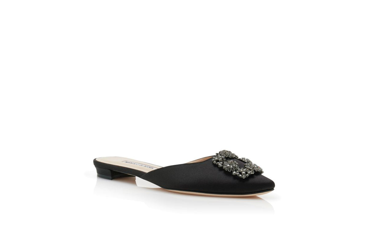 Odette Crown Black Jewel Buckle Mules – top view showing black jewel buckle, crystal buckle, satin, Vowalisse