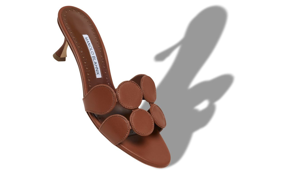 Valentina Star Brown Open Toe Mules – front three-quarter view showing brown open toe, nappa leather, Vowalisse