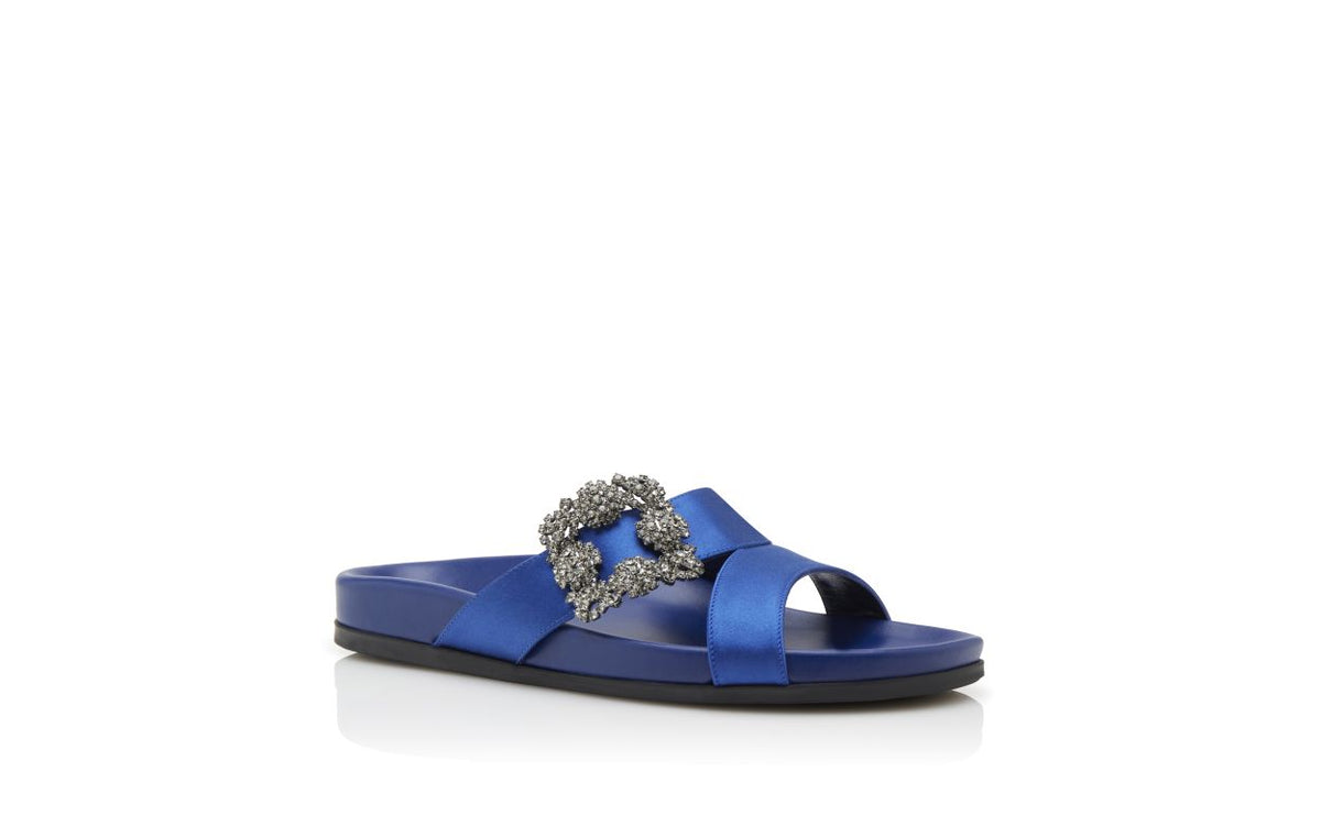 Fiorella Halo Blue Jewel Buckle Mules – top view showing blue jewel buckle, crystal buckle, crossover, open toe, Vowalisse