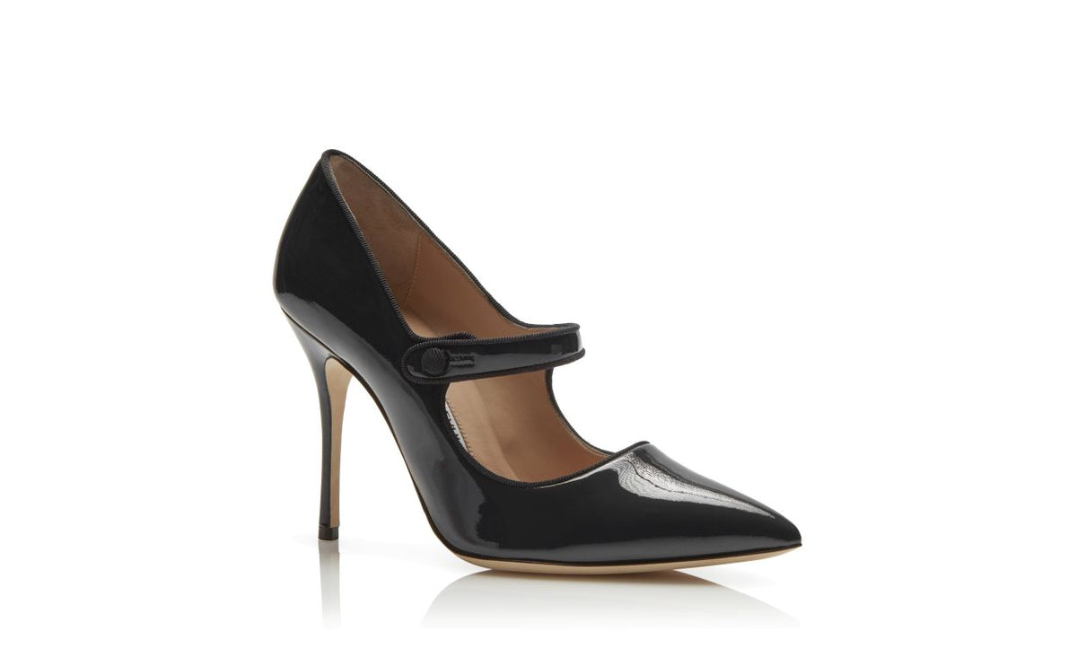 Estelle Belle Black Pointed Toe Mary Jane Shoes – top view showing black pointed toe, patent leather, Vowalisse