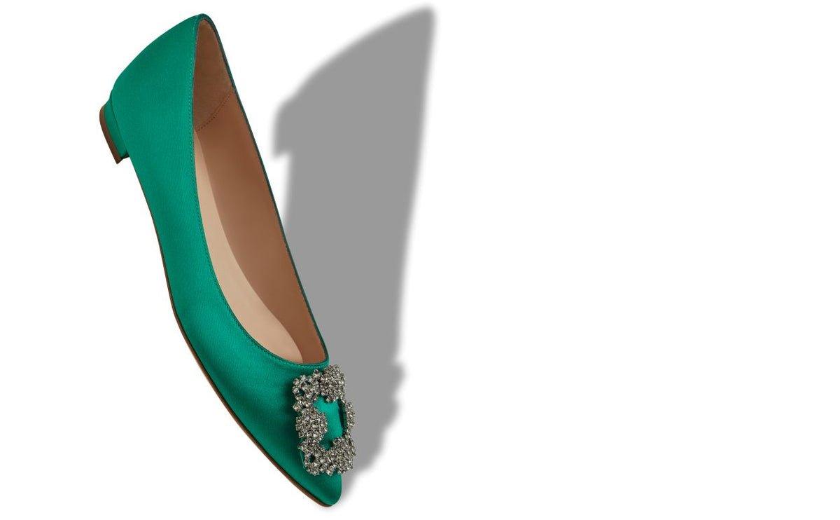 Rosalie Crown Green Jewel Buckle Pumps – front three-quarter view showing green jewel buckle, crystal buckle, almond toe…