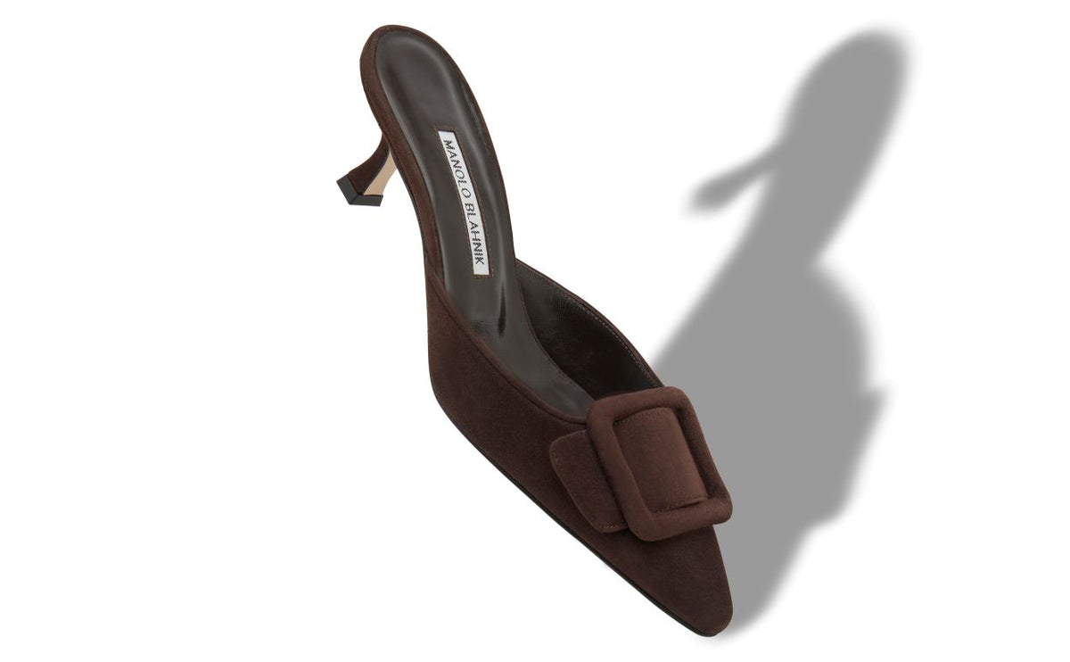 Marielle Dawn Brown Pointed Toe Mules – front three-quarter view showing brown pointed toe, suede, Vowalisse