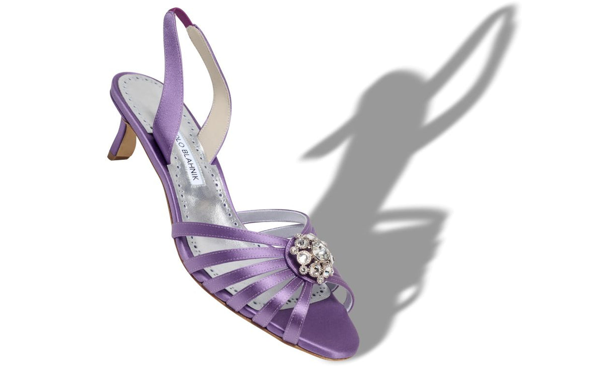 Genevieve Shine Purple Slingback Slingbacks – front three-quarter view showing purple slingback, open toe, satin, Vowalisse