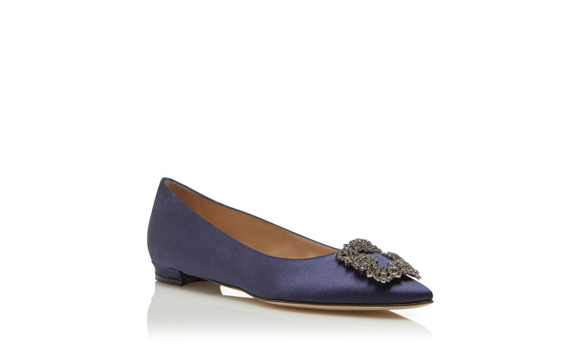 Leonora Bloom Blue Jewel Buckle Pumps – top view showing blue jewel buckle, crystal buckle, almond toe, satin, Vowalisse