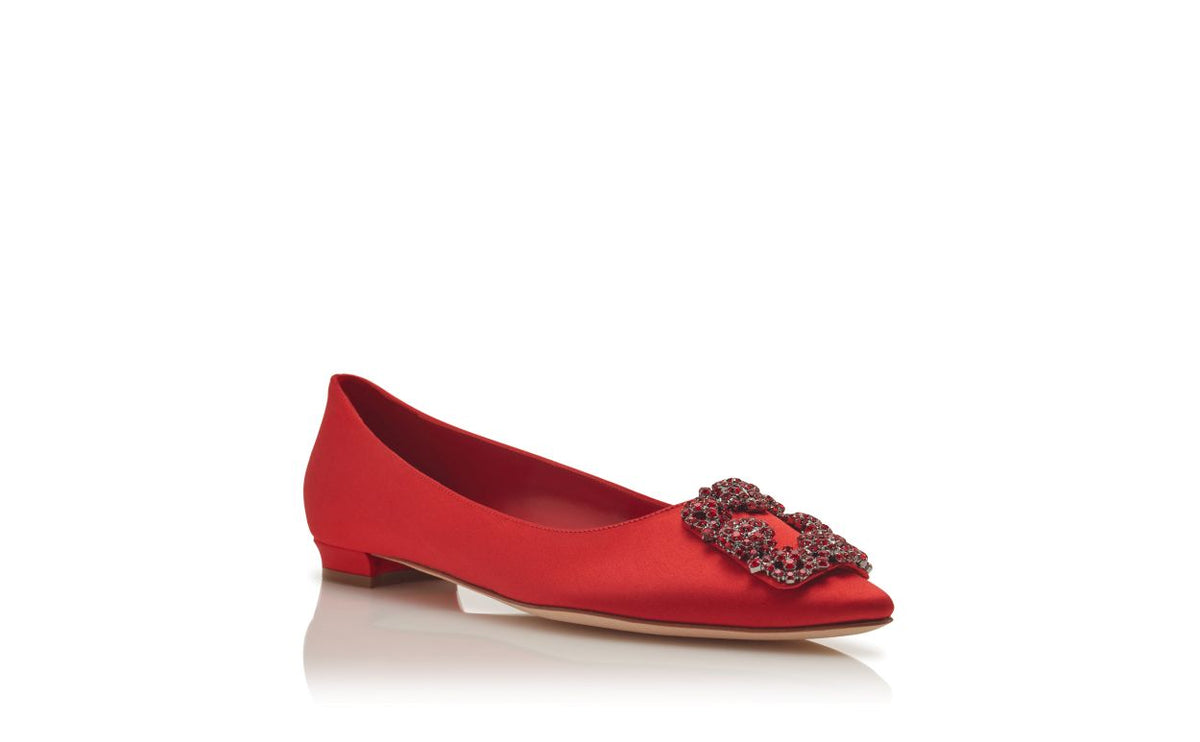Aurelia Star Red Jewel Buckle Pumps – top view showing red jewel buckle, crystal buckle, almond toe, satin, Vowalisse