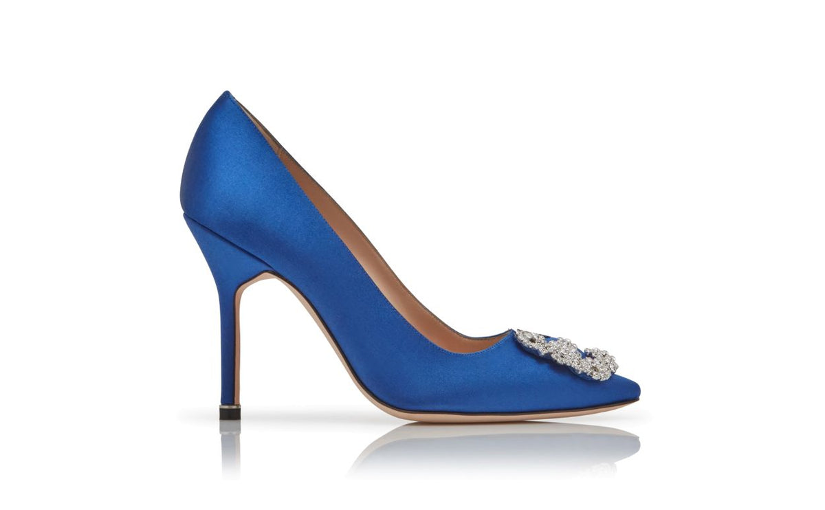 Elara Dream Blue Jewel Buckle Pumps – side profile showing blue jewel buckle, crystal buckle, almond toe, satin, Vowalisse