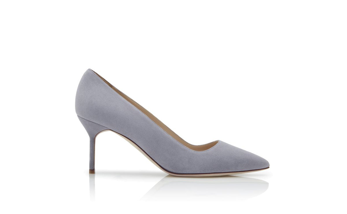 Leonora Crown Grey Pointed Toe Pumps – side profile showing grey pointed toe, suede, Vowalisse