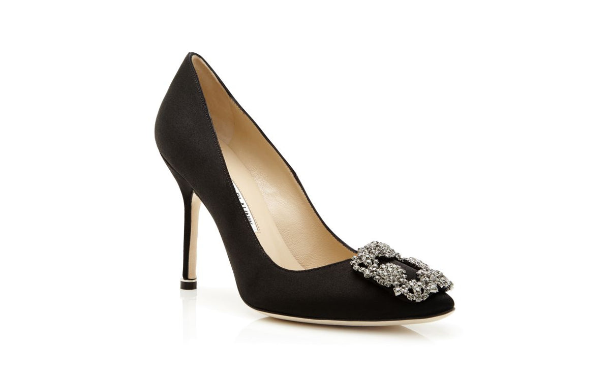 Lunette Belle Black Jewel Buckle Pumps – top view showing black jewel buckle, crystal buckle, almond toe, satin, Vowalisse