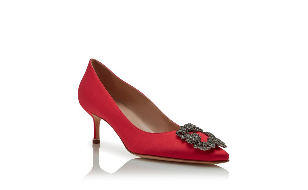 Delphine Grace Red Jewel Buckle Pumps – top view showing red jewel buckle, crystal buckle, almond toe, satin, Vowalisse
