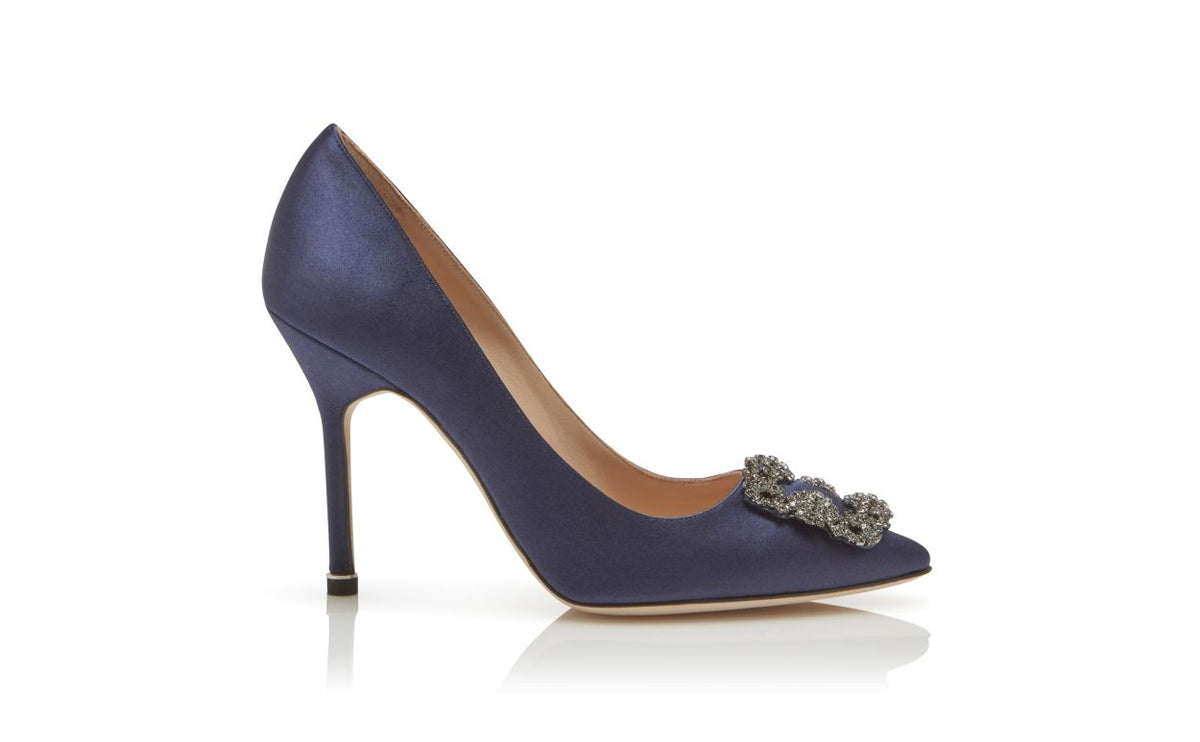 Camellia Bloom Blue Jewel Buckle Pumps – side profile showing blue jewel buckle, crystal buckle, almond toe, satin…