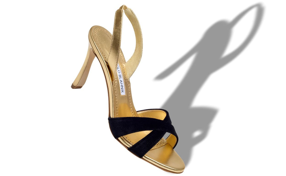 Marielle Rose Black Crossover Slingbacks – front three-quarter view showing black crossover, slingback, open toe, nappa…