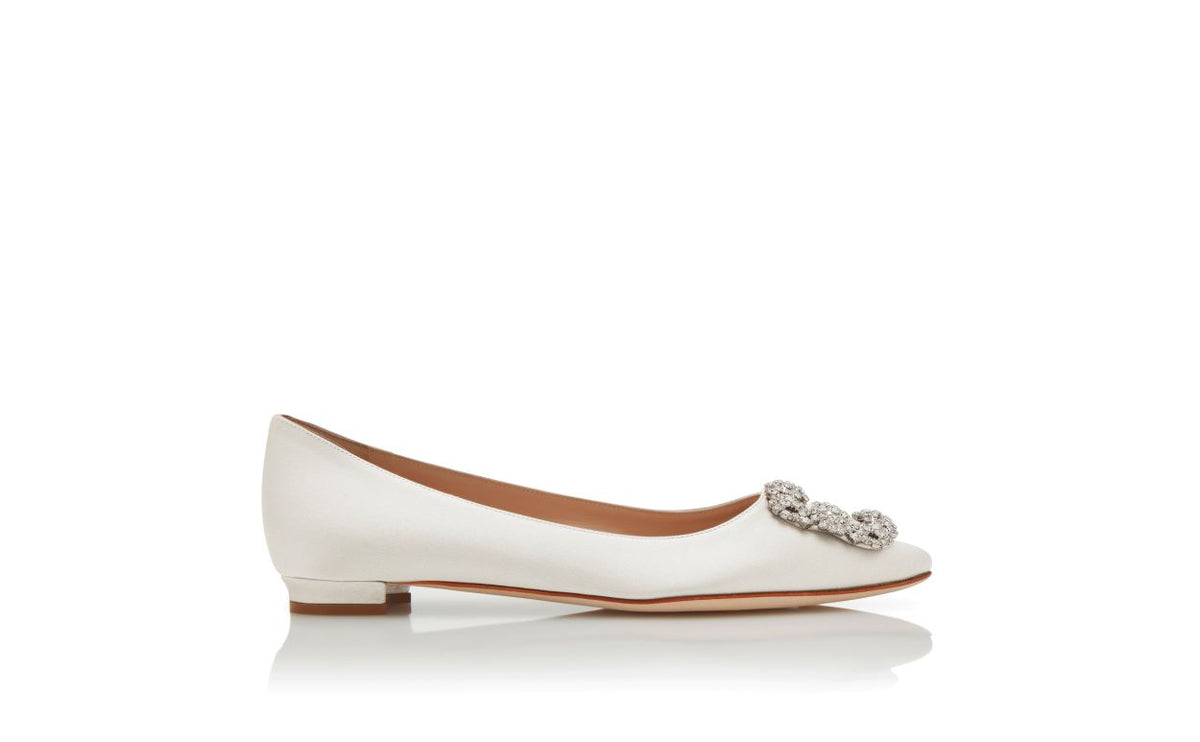 Colette Grace White Jewel Buckle Pumps – side profile showing white jewel buckle, almond toe, satin, Vowalisse