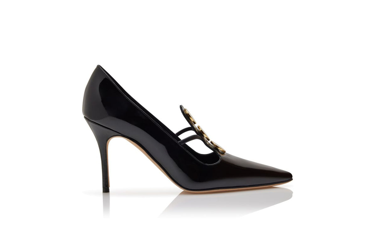 Aurelia Velvet Black Button Detail T-Bar Shoes – side profile showing black button detail, almond toe, patent leather…