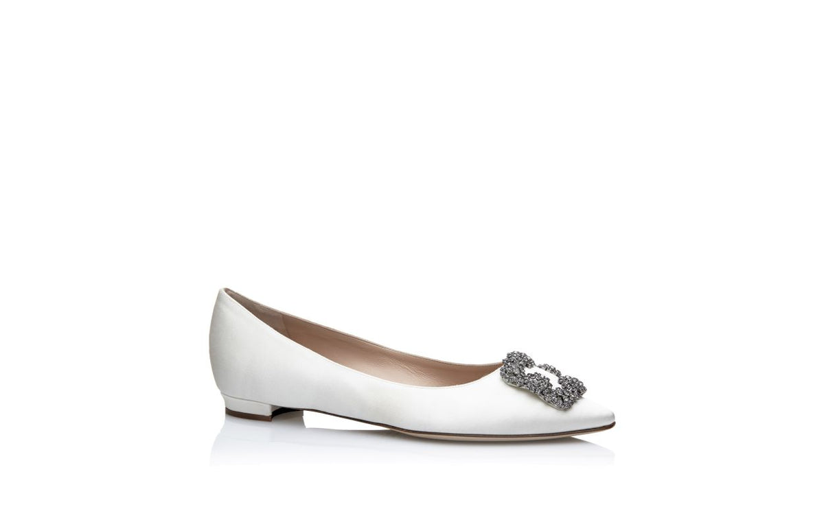 Clarisse Bloom White Jewel Buckle Pumps – top view showing white jewel buckle, crystal buckle, almond toe, satin, Vowalisse