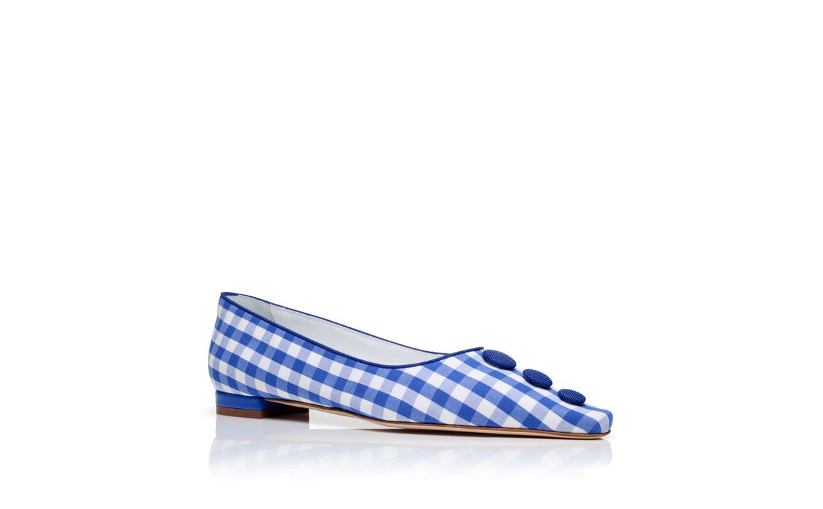 Clarisse Lace Blue Button Detail Pumps – top view showing blue button detail, almond toe, Vowalisse