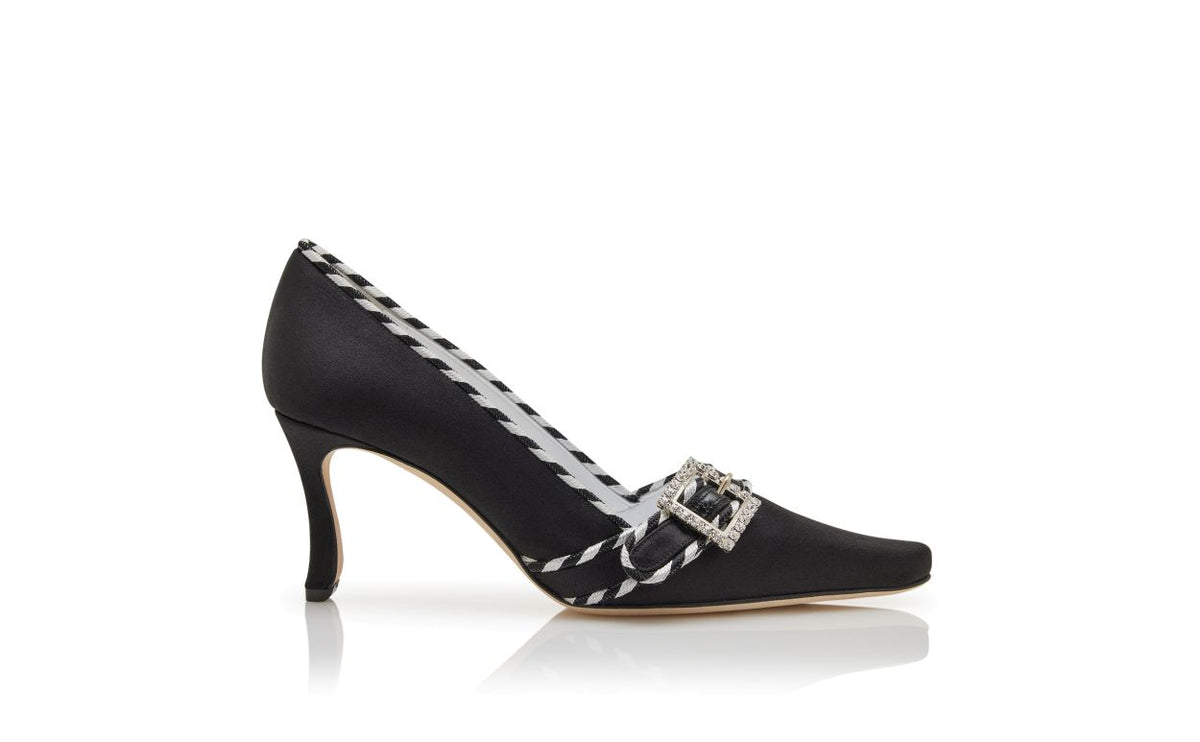 Leonora Pearl Black Crystal Buckle Pumps – side profile showing black crystal buckle, crystal embellished, almond toe…